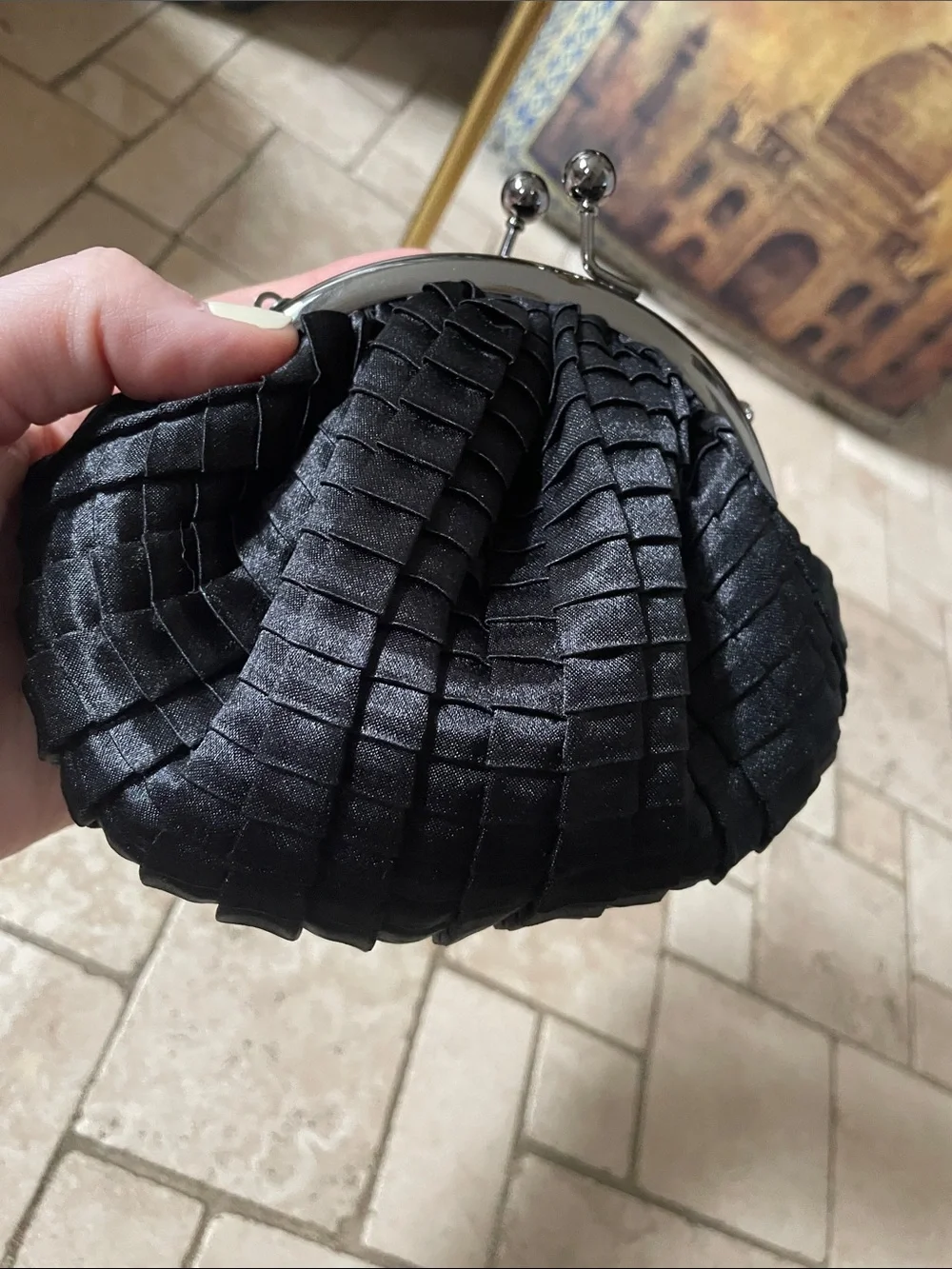 Jessica McClintock Black Satin Pleated Evening Clutch with Chain Kiss Lock